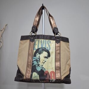 Elvis Pesley Graphic Canvas Tote Bag in Beige and Metallic Bronze